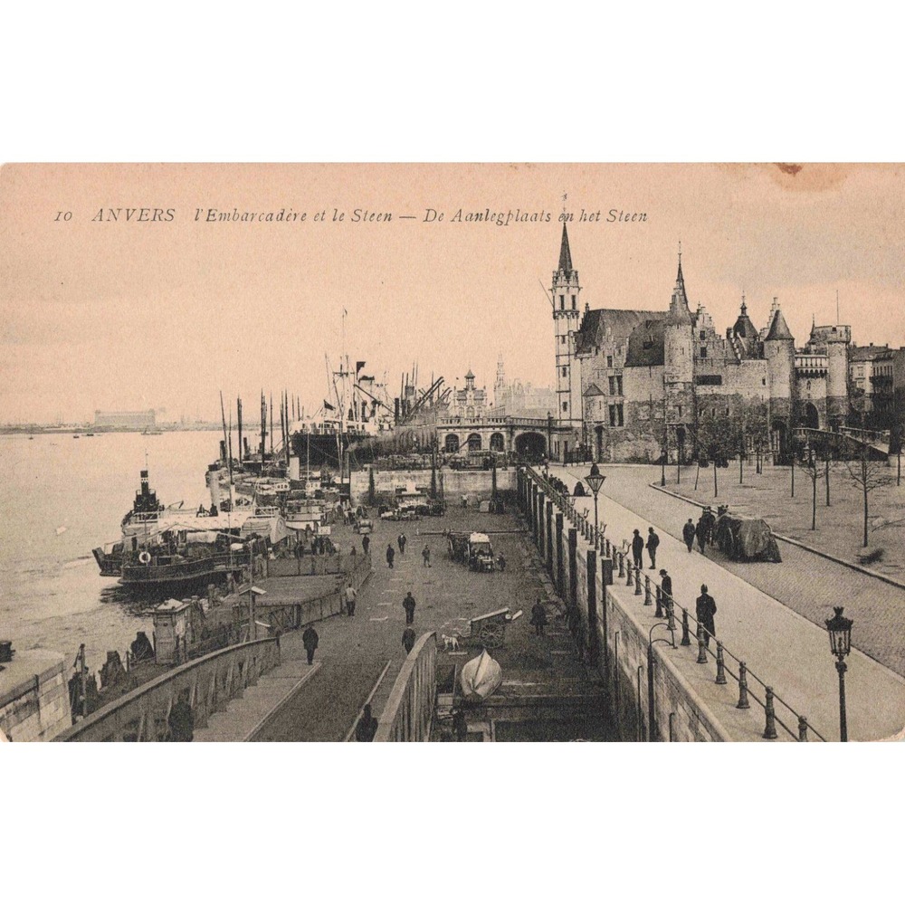 Antwerp Anvers Belgium Het Steen Castle Harbor Pier Ships Vtg Postcard View - Picture 1 of 2